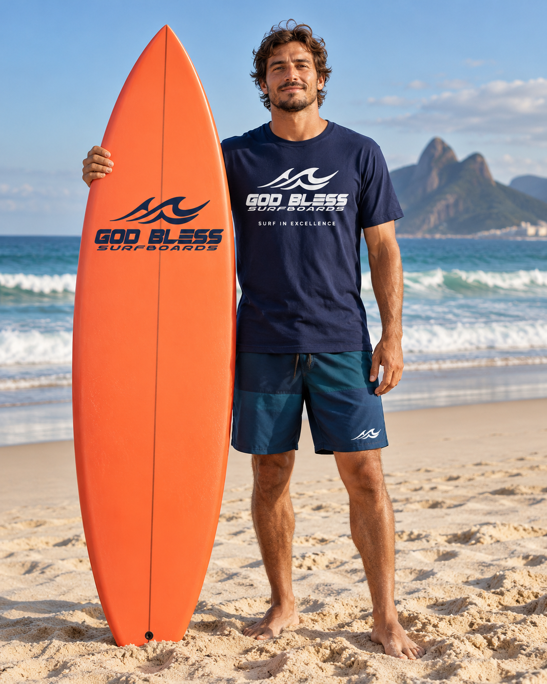 Surfista com prancha coral Godbless, camisa Surf in Excellence e bermuda da marca