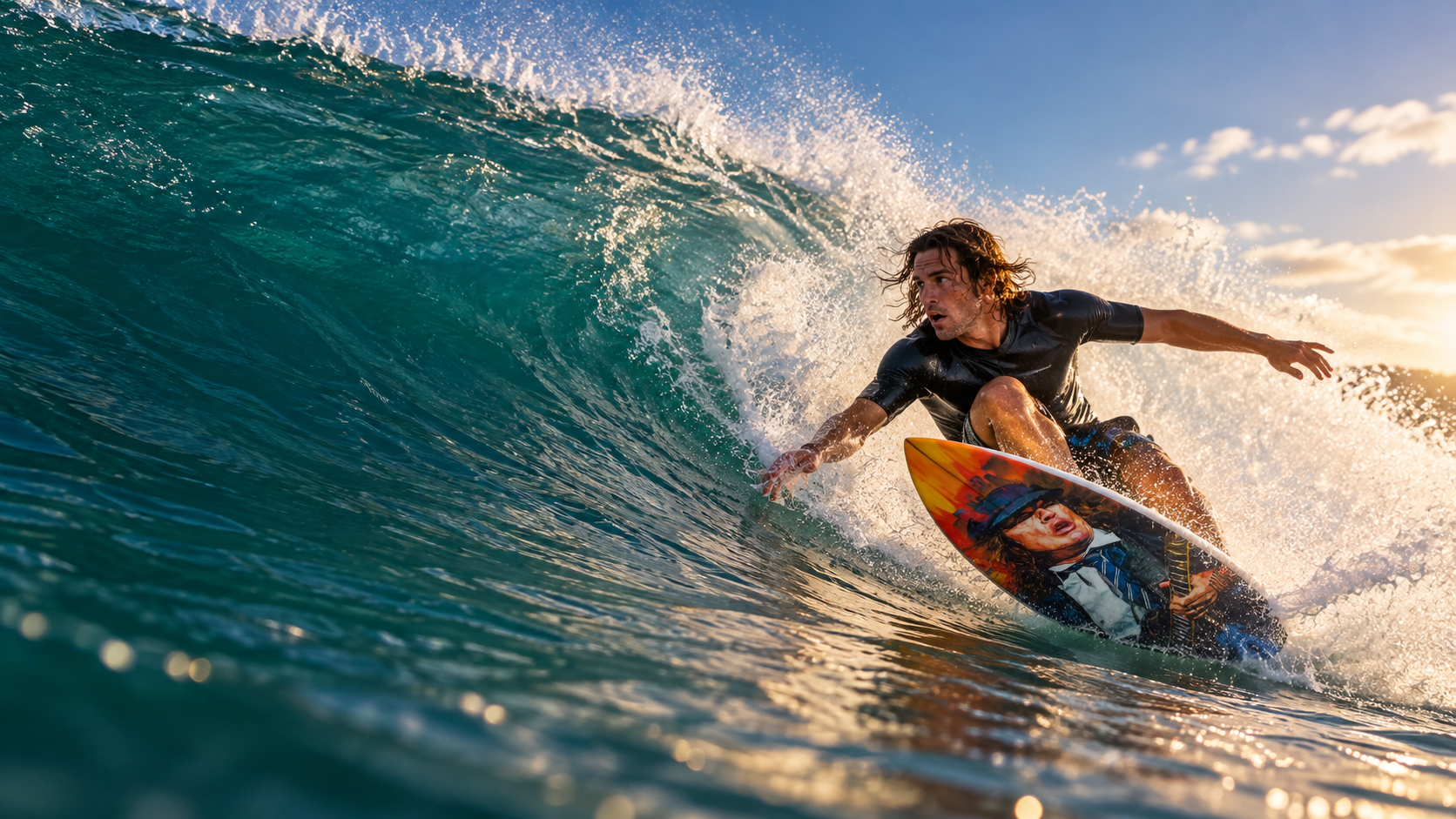Surfista em uma onda com prancha inspirada na North Coast God Bless